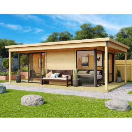 Abri de jardin en bois 15,67m² avec toit plat 2 pièces et terrasse couverte sur 2 côté - Domeo 3 Plus V2 - OLG France