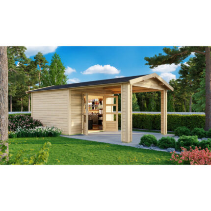 Abri de jardin en bois massif 5,95m² Theres 3 avec un auvent – Karibu