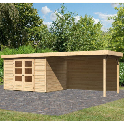 Abri de jardin en bois massif 7,43m² Askola 5 avec appentis 280cm et paroi arrière – Karibu