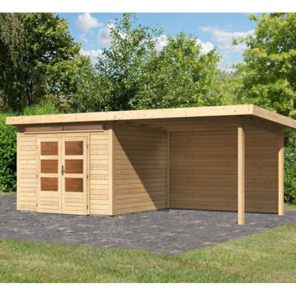 Abri de jardin en bois massif 7,50m² Kandern 6 avec appentis 320cm et paroi arrière – Karibu