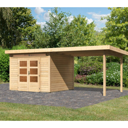 Abri de jardin en bois massif 7,50m² Kandern 6 avec appentis 320cm – Karibu