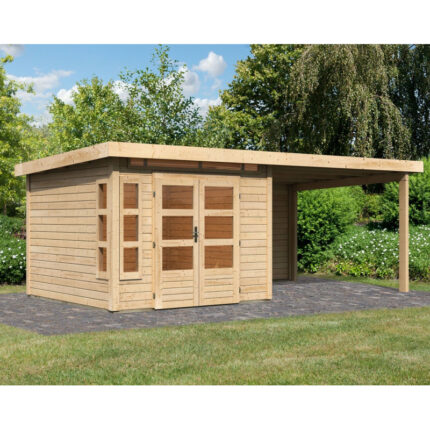 Abri de jardin en bois massif 7,50m² Kastorf 6 avec appentis 320cm et paroi arrière – Karibu