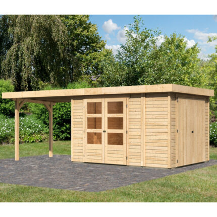 Abri de jardin en bois massif 7,85m² Retola 4 avec armoire intégrée et appentis 280cm – Karibu