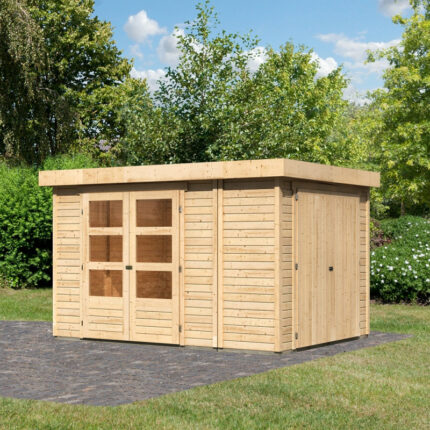 Abri de jardin en bois massif 7,85m² Retola 4 avec armoire intégrée – Karibu