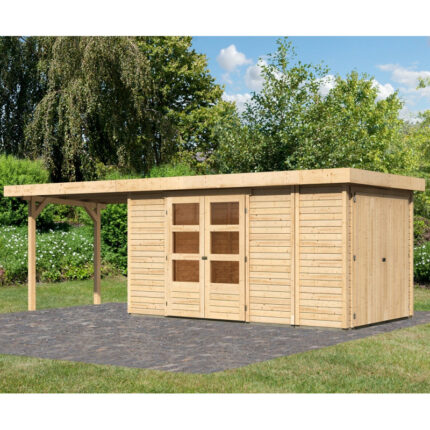 Abri de jardin en bois massif 8,18m² Retola 5 avec armoire intégrée et appentis 280cm – Karibu