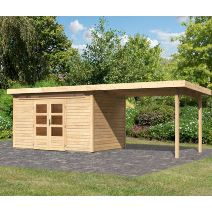 Abri de jardin en bois massif 8,88m² Kandern 7 avec appentis 320cm – Karibu