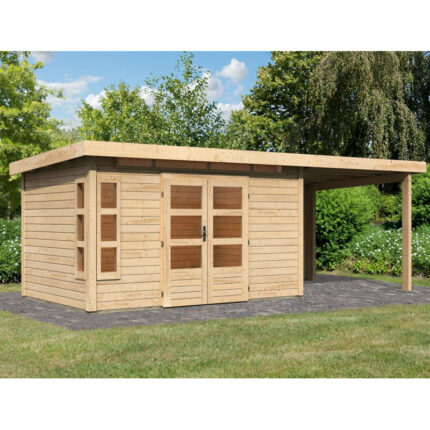 Abri de jardin en bois massif 8,88m² Kastorf 7 avec appentis 260cm et paroi arrière – Karibu