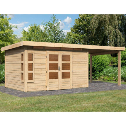 Abri de jardin en bois massif 8,88m² Kastorf 7 avec appentis 260cm – Karibu