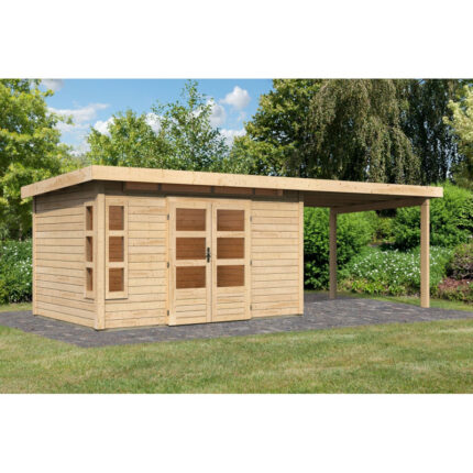 Abri de jardin en bois massif 8,88m² Kastorf 7 avec appentis 320cm – Karibu