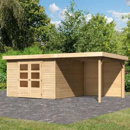 Abri de jardin en bois massif 9,24m² Askola 6 avec appentis 240cm et paroi arrière – Karibu