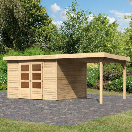 Abri de jardin en bois massif 9,24m² Askola 6 avec appentis 240cm – Karibu