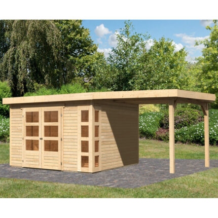 Abri de jardin en bois massif 9,24m² Kerko 6 avec appentis 240cm – Karibu