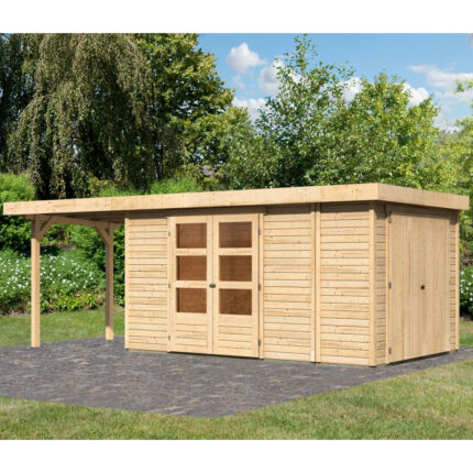 Abri de jardin en bois massif 9,27m² Retola 6 avec armoire intégrée et appentis 240cm – Karibu