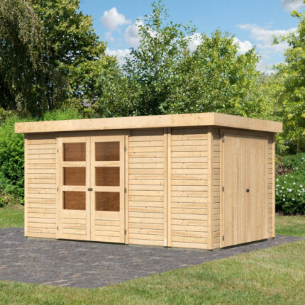 Abri de jardin en bois massif 9,27m² Retola 6 avec armoire intégrée – karibu