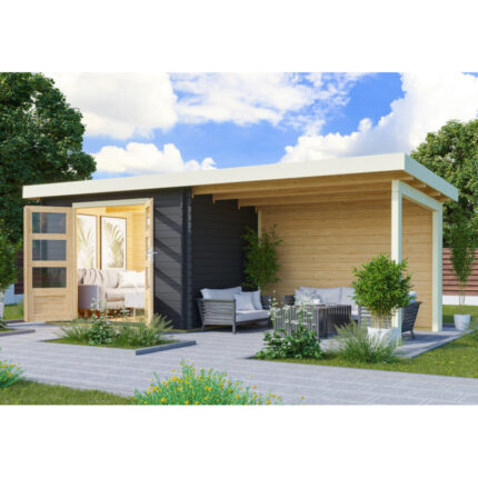 Abri de jardin en bois massif anthracite 7,04m² Bastrup 3 avec appentis 300cm et paroi arrière – Karibu