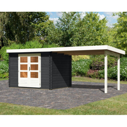 Abri de jardin en bois massif anthracite 7,04m² Bastrup 3 avec appentis 300cm – Karibu