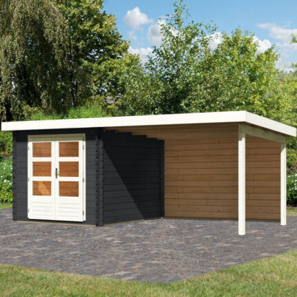 Abri de jardin en bois massif anthracite 7,04m² Bastrup 4 avec appentis 300cm et paroi arrière – Karibu