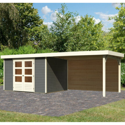 Abri de jardin en bois massif gris terre 7,43m² Askola 5 avec appentis 280cm et paroi arrière – Karibu