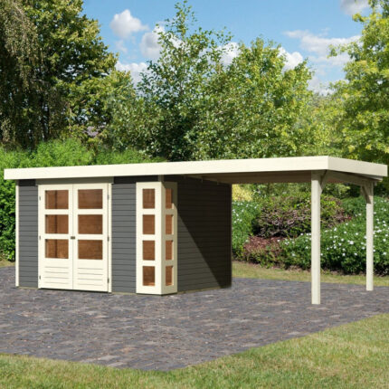 Abri de jardin en bois massif gris terre 7,43m² Kerko 5 avec appentis 280cm – Karibu