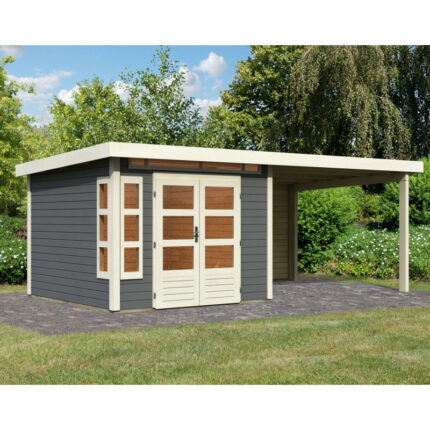 Abri de jardin en bois massif gris terre 7,50m² Kastorf 6 avec appentis 320cm et paroi arrière – Karibu