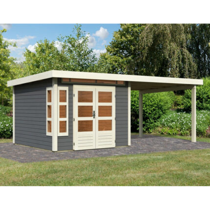 Abri de jardin en bois massif gris terre 7,50m² Kastorf 6 avec appentis 320cm – Karibu