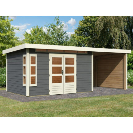 Abri de jardin en bois massif gris terre 8,88m² Kastorf 7 avec appentis 260cm et paroi arrière et latérale – Karibu