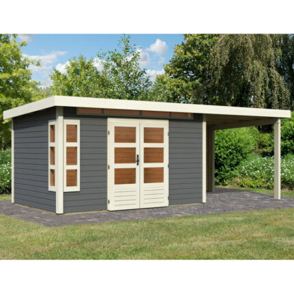 Abri de jardin en bois massif gris terre 8,88m² Kastorf 7 avec appentis 260cm et paroi arrière – Karibu
