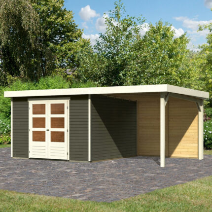 Abri de jardin en bois massif gris terre 9,24m² Askola 6 avec appentis 240cm et paroi arrière - Karibu