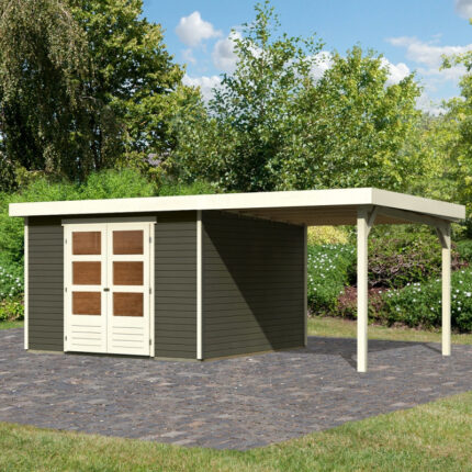 Abri de jardin en bois massif gris terre 9,24m² Askola 6 avec appentis 240cm - Karibu