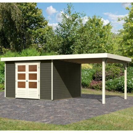 Abri de jardin en bois massif gris terre 9,24m² Askola 6 avec appentis 280cm – Karibu