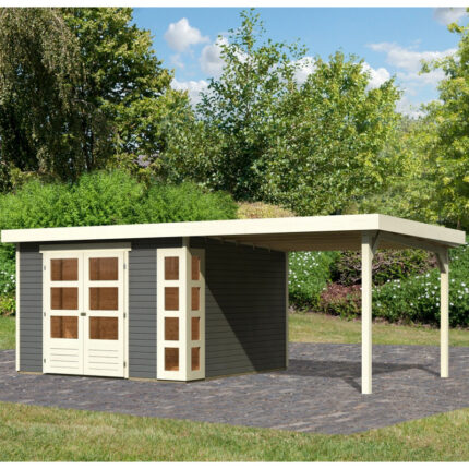 Abri de jardin en bois massif gris terre 9,24m² Kerko 6 avec appentis 280cm – Karibu