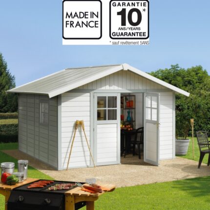 Abri de jardin en PVC 11,2m² DECO blanc et gris vert Grosfillex + kit ancrage offert