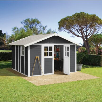 Abri de jardin en PVC 11,2m² DECO gris foncé et blanc Grosfillex + kit ancrage offert