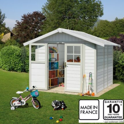 Abri de jardin en PVC 4,9m² DECO blanc et gris vert Grosfillex + kit ancrage offert