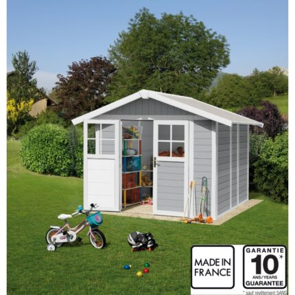 Abri de jardin en PVC 4,9m² DECO gris clair et blanc Grosfillex + kit ancrage offert