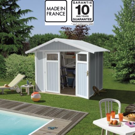 Abri de jardin en PVC 4,9m² UTILITY blanc et gris bleu Grosfillex + kit ancrage offert