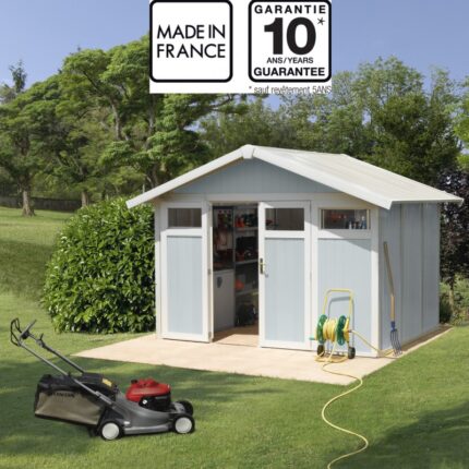 Abri de jardin en PVC 7,53m² UTILITY blanc et gris bleu Grosfillex + kit ancrage offert