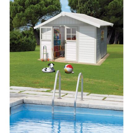 Abri de jardin en PVC 7,5m² DECO blanc et gris vert Grosfillex + kit ancrage offert