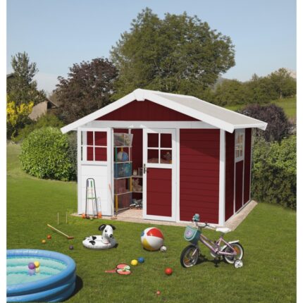 Abri de jardin en PVC 7,5m² DECO rouge et blanc Grosfillex + kit ancrage offert