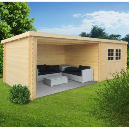 Abri de jardin Rohan 8,88m² en bois massif 28mm avec terrasse couverte - SOLID