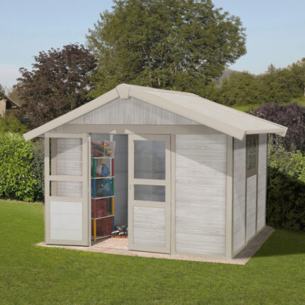 Abri PVC 7,5m² ODYS aspect bois vieilli Grosfillex + kit ancrage offert