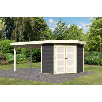 Abri toit plat 4,62m² Goldendorf 3 + auvent en bois vitrifié gris 19mm - Karibu