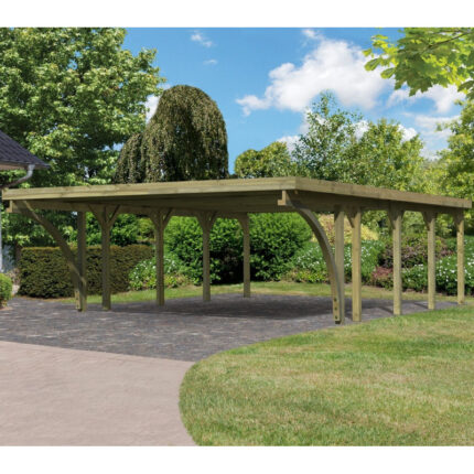 Carport double en bois autoclave 50,9m², toit en PVC gris et deux poteaux en arc – KARIBU