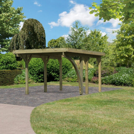 Carport en bois autoclave 15m² avec poteau en arc et toit en acier – KARIBU