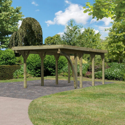 Carport en bois autoclave 21m² avec poteau en arc et toit en PVC gris – KARIBU