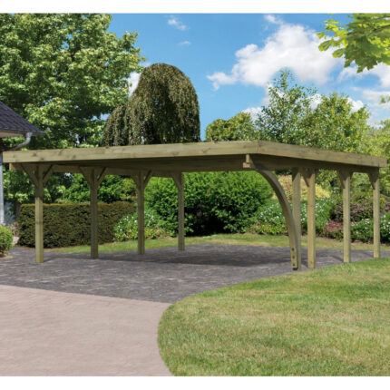 Carport en bois autoclave 40,2m² avec poteau en arc et toit en acier – KARIBU