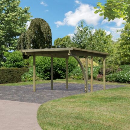 Carport simple en bois autoclave avec toit PVC et 1 arc d'entrée 14,9m² - 304x490cm - Karibu