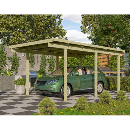 Carport simple en bois autoclave avec toit PVC 14,9m² - 304x490cm - Karibu