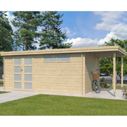 Chalet moderne Oregon 16,4m² + extension 150cm en bois massif 28mm avec porte double vitrée+fenêtre - Gardenas