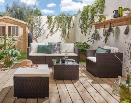 Wanaka - salon bas de jardin 5 places - résine tressée et coussins beiges